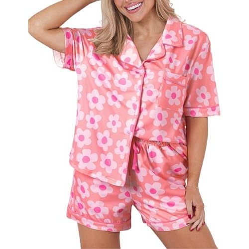 SELINK Womens Summer Pajamas Sets Short Sleeve Flower Print Button Down Sleepwear Loungewear 2 Piece Pj Set
