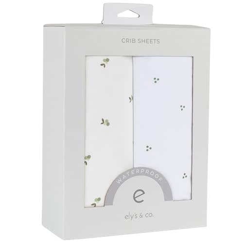 Ely's & Co. Patent Pending Waterproof Crib Sheets, 100% Cotton with Waterproof Lining - Built in Crib Mattress Protector, 2 Pack Fitted Toddler Sheet Set, Berry and Cluster Dot (Sage) 28” x 52”