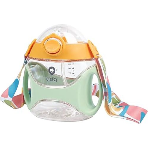 Baby Straw Water Bottle with Handles and Strap, Portable Travel Toddler Cup for School,11 Ounce(Green)