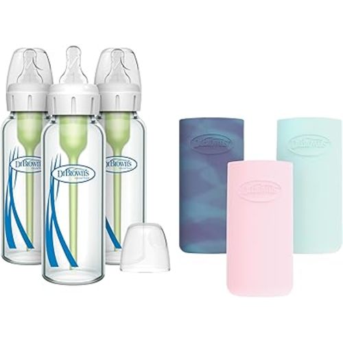 Dr. Brown's Natural Flow Anti-Colic Options+ Narrow Glass Baby Bottle, 8 oz/250 mL, with Silicone Bottle Sleeve, 3 Pack, Glow/Pink/Mint