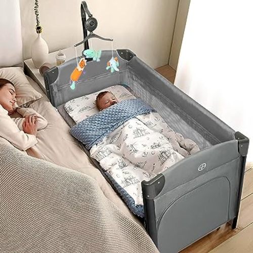 JOYMOR Baby Bedside Bassinet, Extra Large Bed Side Bassinet, Pack n Play Convert Playpen, Quick Foldable Travel Bassinet Bed, with Toy, Wheels & Brake, Carry Bag for Boys Girls