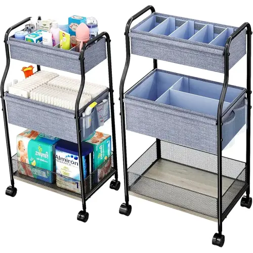 3-Tier Baby Diaper Caddy Organizer and Storage Cart with 4+2 Dividers, Mobile Metal Utility Cart with Rolling Wheels for Nursery Essentials, Large Capacity Rolling Carts for Crib, Bedroom, Bathroom