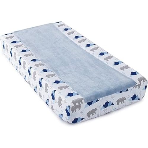 Levtex Baby - Trail Mix Diaper Changing Pad Cover - Fits Most Standard Changing Pads - Blue Plush, Grey Bears and Blue Mountains - Nursery Accessories - Plush