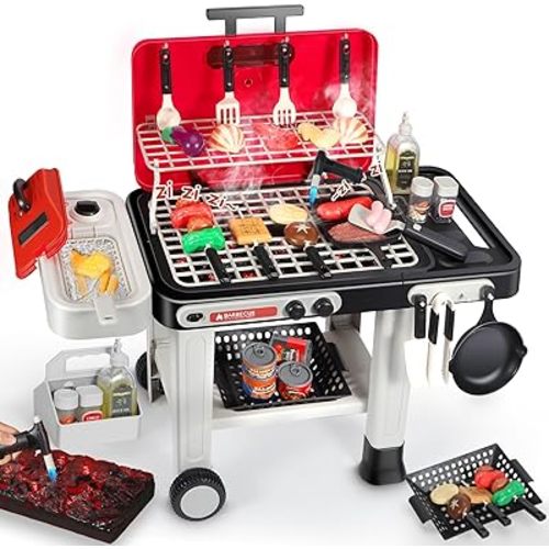 Kids Play Kitchen Toys, Kids BBQ Grill Playset with Smoke, Sound and Light, 2-Layer Toy Grill Cart, Outdoor Play Kitchen Toys, Toddler Cooking Set for 1-3 3-5, Gift for Boys Girls Aged 3 4 5