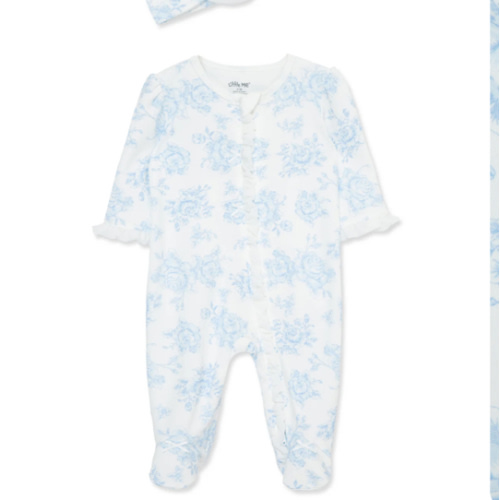 Blue Roses 2-Way-Zip Footed One-Piece And Headband