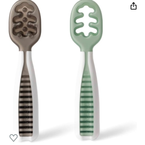 Amazon.com: NumNum Baby Spoons Set, Pre-Spoon GOOtensils for Kids Aged 6+ Months - First Stage, Baby Led Weaning (BLW) Teething Spoon - Self Feeding, Silicone Toddler Food Utensils - 2 Spoons, Gray/Green : Baby