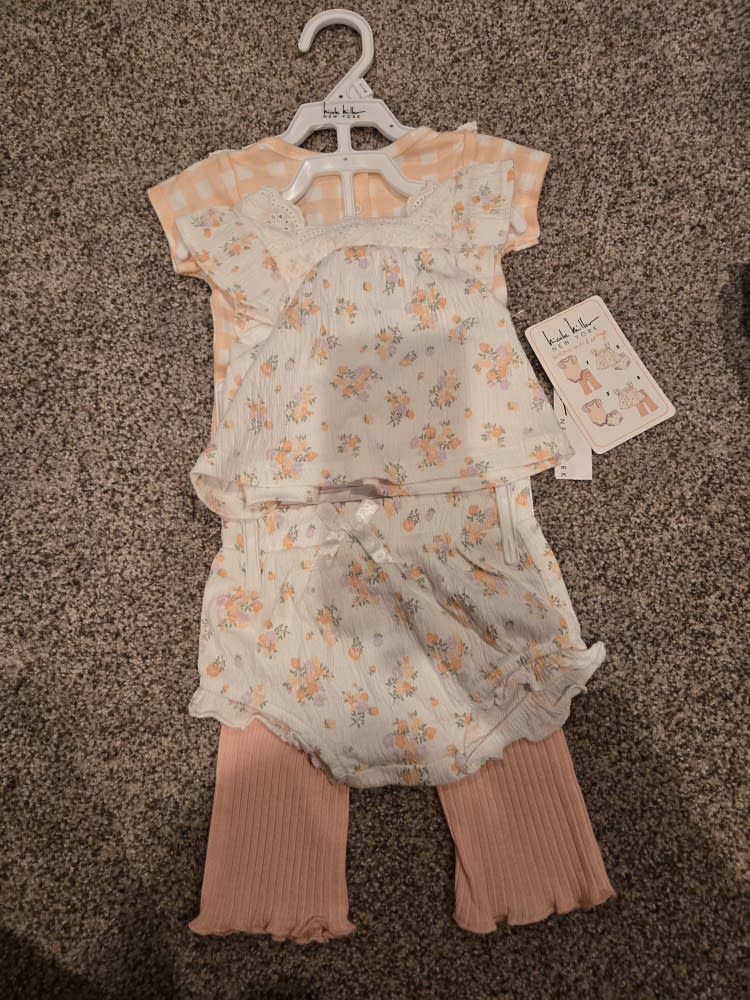 Nicole Miller Peach Plaid Ruffle Top, Bodysuit, Pants & Bloomers Set