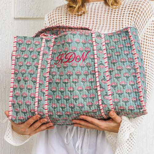 Embroidered Floral Block Print Tote, Quilted Cotton Travel Bag