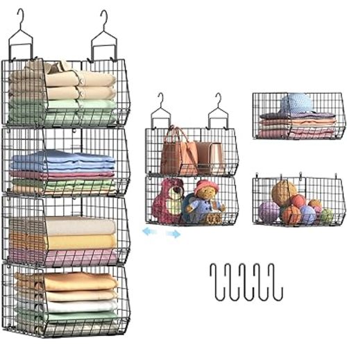 4" Extra Deeper Hanging Closet Organizers and Storage,4 Tier Foldable Wire Cabinet Shelves with 5 S Hooks,Small Metal Basket Bins for Clothes Sweaters Handbags, Wardrobe for Kitchen Laundry Room,Black