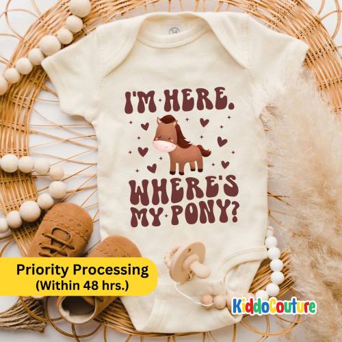 I'm Here Where's My Pony Onesie®, Retro Pony Riding Bodysuit, Pony Lover Baby Onesie®, Western Baby Bodysuit, Where's My Pony Onesie®