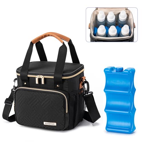 BABEYER Breastmilk Cooler Bag with Ice Pack Fits 6 Baby Bottles up to 9 Ounce, Breast Milk Pump Cooler Bag for Nursing Mom Daycare, Work, Travel-Black