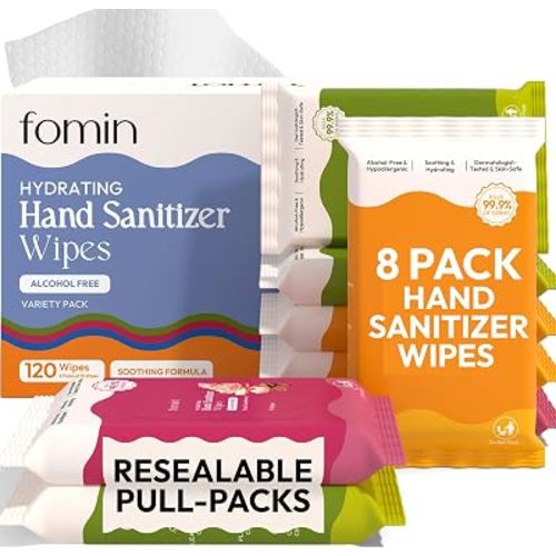 Fomin Hand Sanitizer Wipes 8 Bags (15 Sheets)- Variety Pack - Pull-Pack Wet Wipe - pH Balanced, Biodegradable On The Go Hand Sanitizing Wipes - Hypoallergenic, Plant-Based Travel Wipe