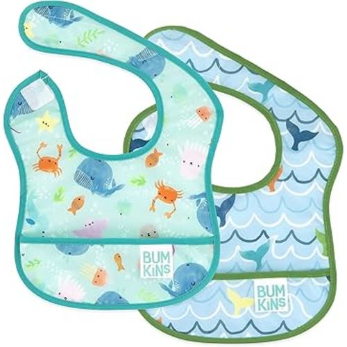 Bumkins Bibs, for Baby Girl or Boy, Infant 3-9 Months, Essential Must Have for Eating, Feeding, Baby Led Weaning Supplies, Mess Saving Waterproof Soft Fabric, Starter Bib 2-pk Blue Ocean Life