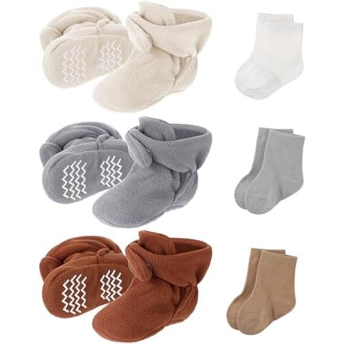 SATINIOR 3 Pairs Unisex Cozy Fleece Baby Booties with 3 Pairs Infant Cotton Socks