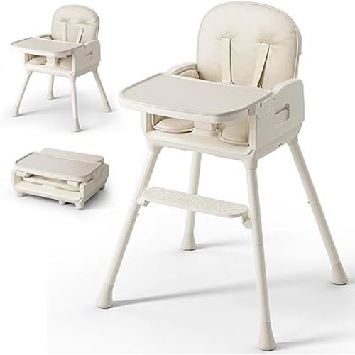 3-in-1 Portable Baby High Chair for Babies and Toddlers, Convertible Easy Clean Infant Foldable Highchair with Adjustable Legs & Dishwasher Safe Tray, Beige