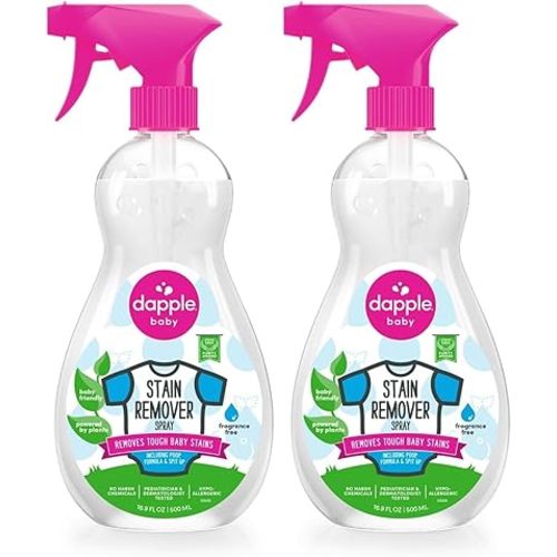 Stain Remover Spray by Dapple Baby, Fragrance Free, 16.9 Fl Oz Spray Bottle - Plant-Based & Hypoallergenic - Baby Laundry Stain Remover for Clothes & Cloth Diapers (Pack of 2)