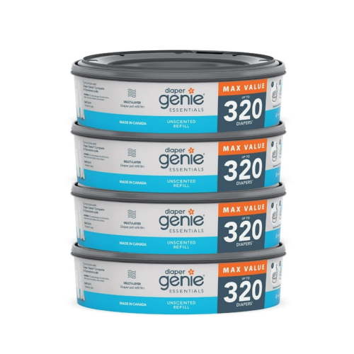 Diaper Genie Essentials Round Refill Pack of 4 | Holds Up to 1280 Newborn Diapers | Features Unscented Continuous Film | Compatible with Diaper Genie Complete and Expressions Pails RDD17