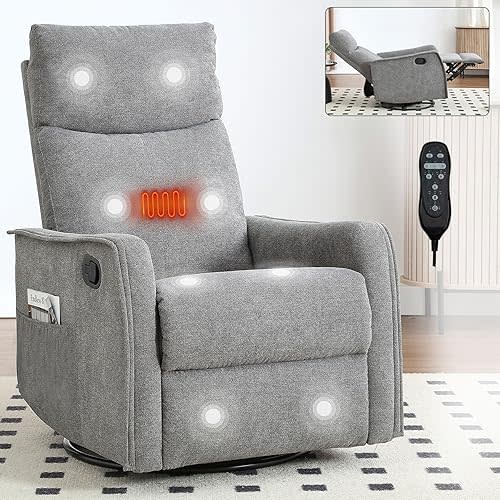 Rocker Recliner Chair for Adults, Swivel Rocker Recliner with Massage and Heat, Adjustable Glider Recliner Nursery Chair with Black Metal Base, Small Recliners for Small Spaces, Living Room (Grey)