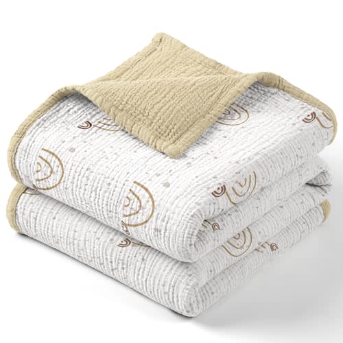 Lulu moon Muslin Baby Blanket - Cotton Quilt Blankets for Toddlers - Reversible Nursery Crib Blanket for Baby Boys and Girls 47"x47"(Khaki Rainbow)