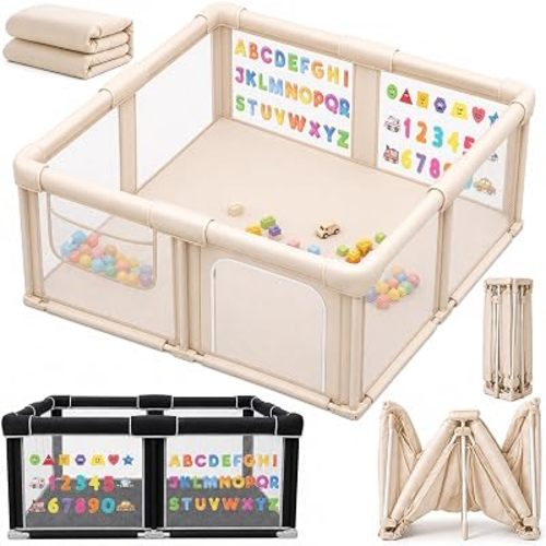 Foldable Baby Playpen 50 x 50 in with Mat, Large Baby Playard Beige