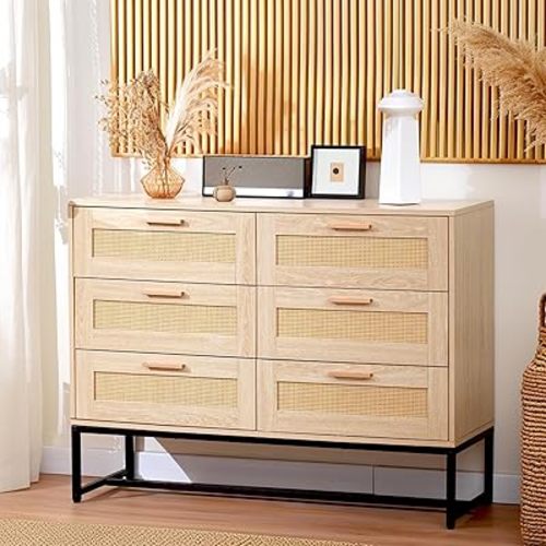 CCF Rattan Dresser 6 Drawer Dresser for Bedroom Boho Dresser Mid Century Modern Dresser Natural Rattan Chest of Drawer Light Wood Dresser for Entryway,Bedroom,Living Room，Hallway,Natural