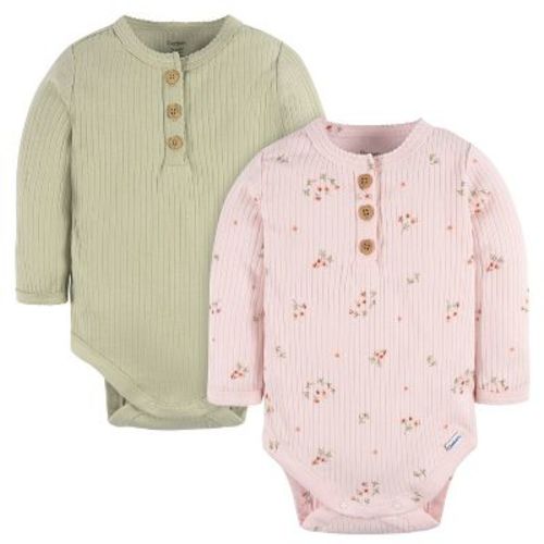 Gerber Baby Girls' Henley Long Sleeve Bodysuits, 2-pack