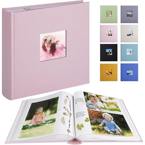 Photo Album with Writing Space 50 Pages 4x6 Photos Hold 200 or 5x7 Pictures Hold 100, Linen Cover Small Photo Book Albums with Memo for Anniversary Wedding Baby (Pink)