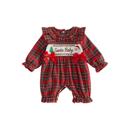 RUINIXCW Newborn Baby Girl First Christmas Outfit Gingham Plaid Bubble Romper Infant Girls Fall Winter Clothes Ruffled Long Sleeve Embroidery Bodysuit Jumpsuit