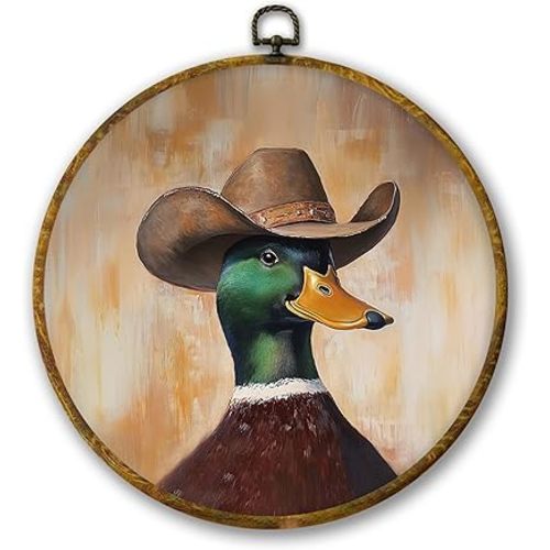 Mcehtle Vintage Western Cowboy Duck Wall Art Decor, Country Duck Western Mallard Framed Canvas Prints 10x10, Funny Whimsical Animal Round Wall Hanging Artwork Decorations for Bedroom Living Room