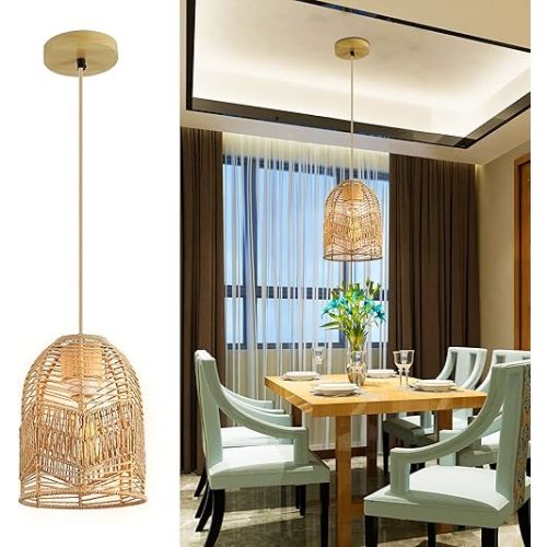 Lighting - Frideko Woven Pendant Lights Kitchen Island Adjustable Rattan Pendant Light Boho Hanging lamp Rattan Chandelier Basket Hanging Light Boho Light Fixture for Farmhouse Kitchen Bedroom Living Room