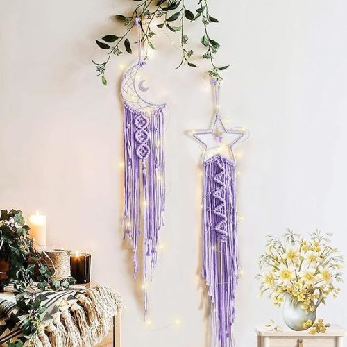 Moon Star Dream Catcher Decor,2pcs Boho Home Moon Star Dreamcatcher,Macrame Wall Hanging Boho Home Decor for Kids Baby Bedroom Decoration for Women Girls Craft Holiday Gifts Purple
