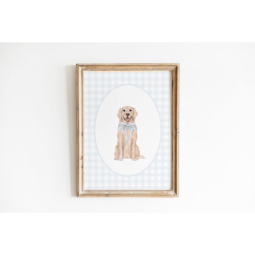 Golden Retriever Nursery Print, Custom Watercolor Dog Nursery Art, Baby Boy Nursery, Blue Gingham Puppy Nursery Decor, Blue Bow Nursery Art