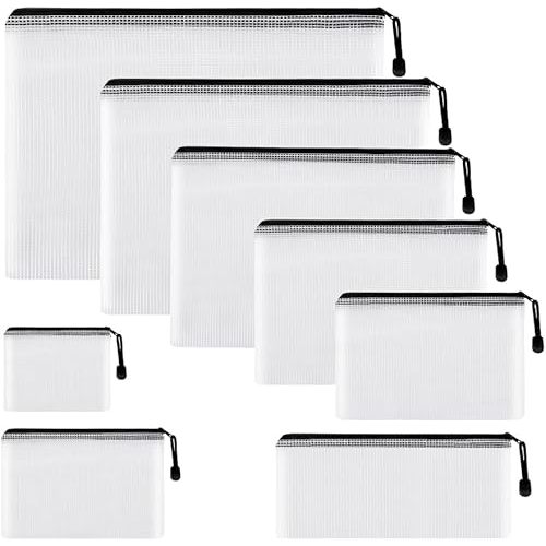 EOOUT 8pcs Mesh Zipper Pouch Bags, 8 Sizes Black Plastic Waterproof Clear Pouches for Organization, Zipper Pouches for School Office Home Supplies Board Game Storage