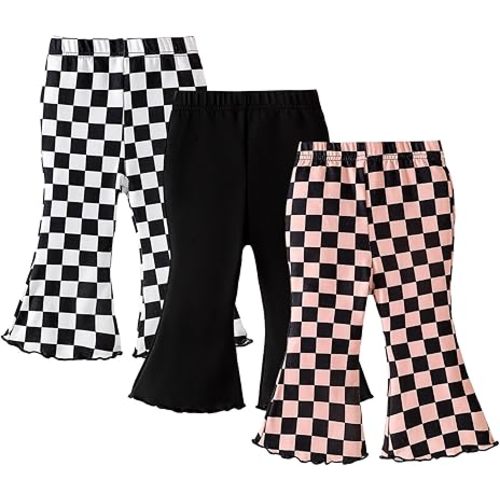 SOBOWO Checkered Baby Girl Flare Pants 3 Pack Toddler Bell Bottoms Plaid Ruffle Leggings Pants Fall Winter Outfits Size 6M-4T