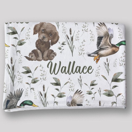 Custom Hunting Dog Baby Name Blanket Personalized Mallard Duck Swaddle Hospital Blanket New Mom Gift Newborn Gift Baby Shower Gift