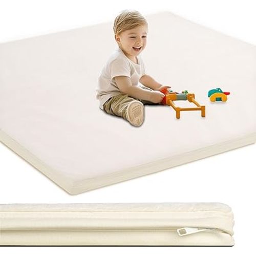 Baby Play Mat for Floor,1.3" Thick Foam Nursery Rug with Removable Washable Cover,Non Slip Soft Velvet Kids Play Crawling Mat for Toddlers,Infants,Yoga Mat,Tatami Mat,50x50 Inch Beige
