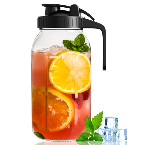 GOSCHE Glass Mason Jar Pitcher, 64 oz Wide Mouth Jug with Pour Spout Handle Lid for Cold Brew Coffee, Ice Beverage, Iced Juice, Lemonade, Sun Tea, Fruit Drinks Container, Black