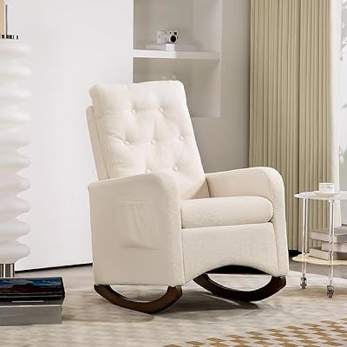 Nursery Rocking Chair, Comfy Upholstered Glider Rocker Armchair with Rubber Wood Legs High Back and Side Pocket for Living Room Bedroom, White
