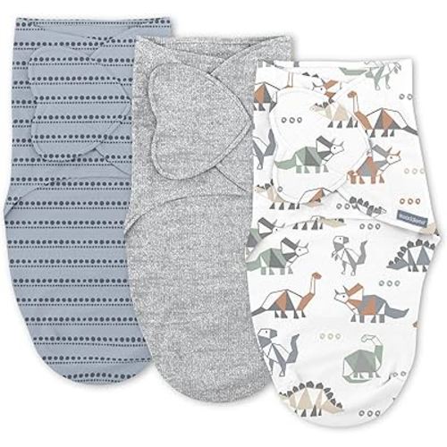 SwaddleMe by Ingenuity Monogram Collection Baby Swaddle 100% Cotton 0-3 Months 3-Pack Dino Mite