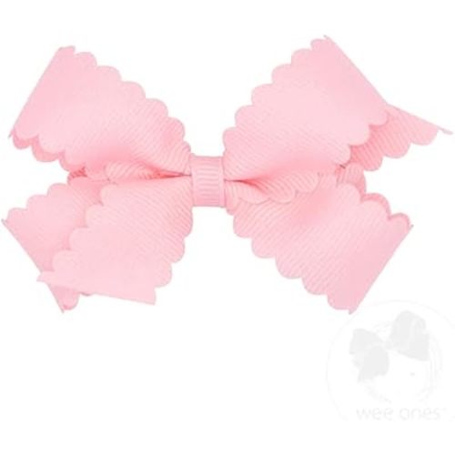 Wee Ones Girls' Classic Grosgrain Hair Bow with Scalloped Edges and Plain Wrap Center on a WeeStay Hair Clip, Mini, White