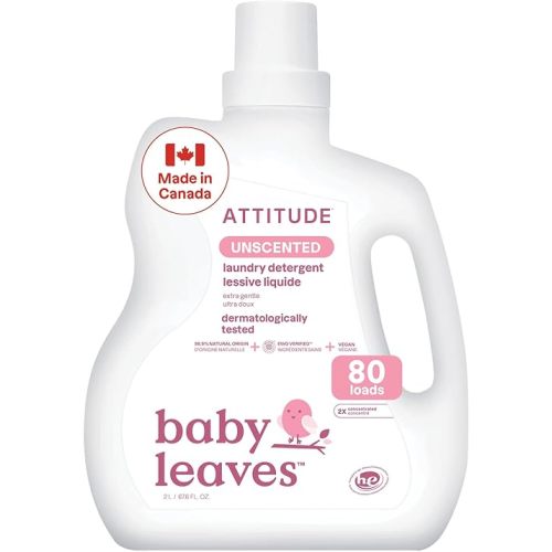ATTITUDE Baby Laundry Detergent Liquid, Made in Canada, EWG Verified, Safe for Baby Clothes, Infant and Newborn, Vegan and Naturally Derived Washing Soap, HE Compatible, Unscented, 80 Loads, 2 Liters