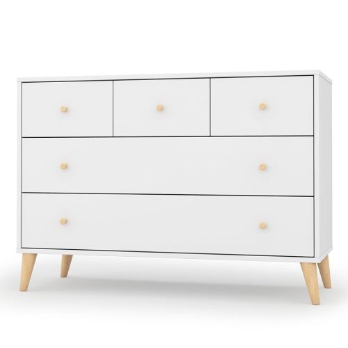 dadada Austin 5-Drawer Dresser for Nursery and Bedroom - Modern Design, Large Storage, Baby-Safe Finish, Soft Close Drawers, Anti-Tip Safety, Solid Wood Feet, Durable Construction (White+Natural)