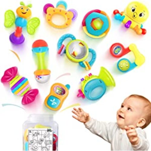 5 in 1 Montessori Toys for Babies 0-3-6-12 Months, Soft Baby Teething Toys,  Sensory Bin Toy, Stacking Building Blocks & Rings for