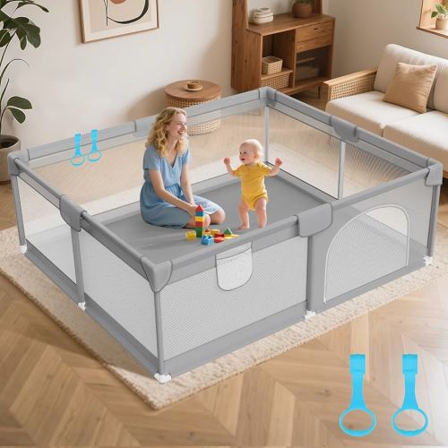 Baby Playpen 79"x71" - Extra Large Playpen for Babies and Toddlers with 2 Handle - Baby Fence Play Area Safety Center for Indoor & Outdoor, Grey