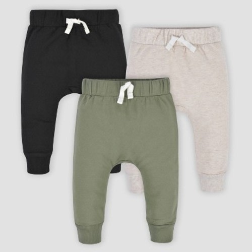 Gerber Baby 3pk Premium Jogger Pants - Black/Green/Cream, Size: 6-9M