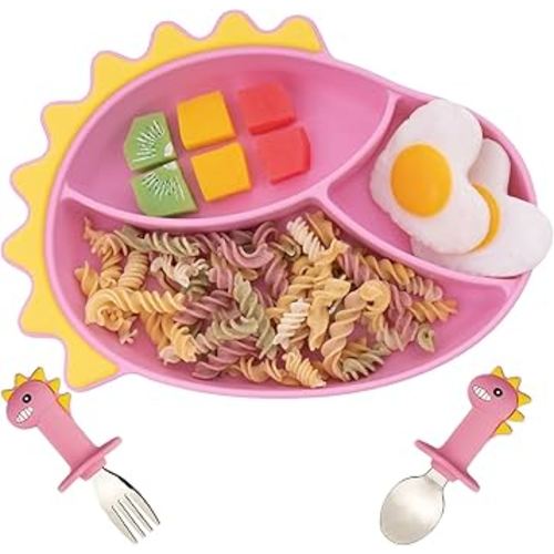 Suction Plates for Baby,Silicone Toddler Plates with Stainless Steel Spoon Fork set Divided Dinosaurs Plates Self Feeding Training Baby Dinner Plate-Pink Dinosaurs Plate Set