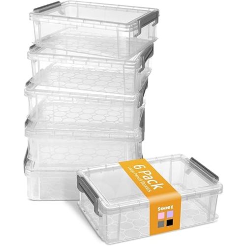 Sooez 6 Pack Extra Large Pencil Box, Plastic Pencil Case Crayon Box Bulk, Clear Marker Organizer Plastic Containers with Lid, Stackable Storage Boxes for Craft, Pen, Art, School Supplies, Grey