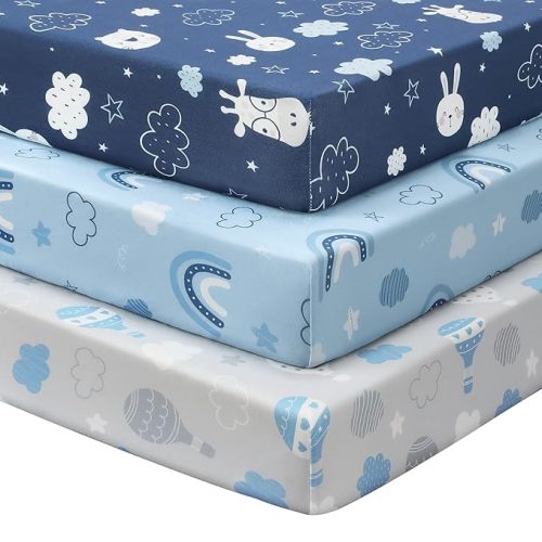 FIEMOL Baby Crib Sheets for Boys and Girls, 3 Pack Toddler Bed Sheets for 52”x28” Standard Toddler Mattresses, Soft Microfiber Fitted Crib Sheets Neutral Blue Cloud Animals
