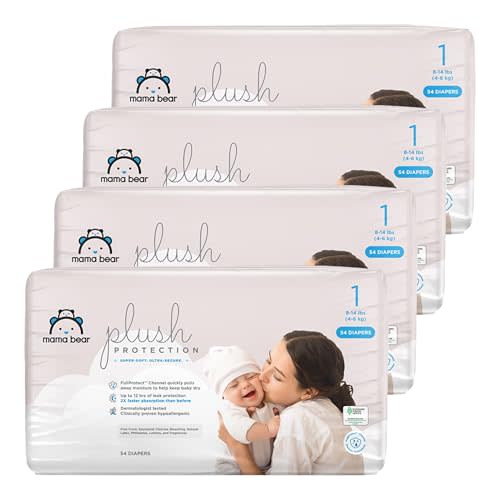 Amazon Brand - Mama Bear Plush Protection Diapers - Size 1, One Month Supply, Hypoallergenic Premium Disposable Baby Diapers, 216 Count (Pack of 4), White and Cloud Dreams