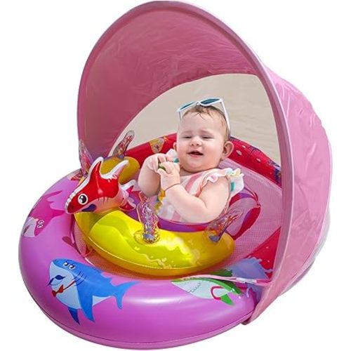 Inflatable Baby Pool Float with UPF50+ Sun Protection Canopy, Adjustable Safety Seat & Interactive Toy Play Console - Includes Ocean Animal Toys for Infants & Toddlers 3-36 Months